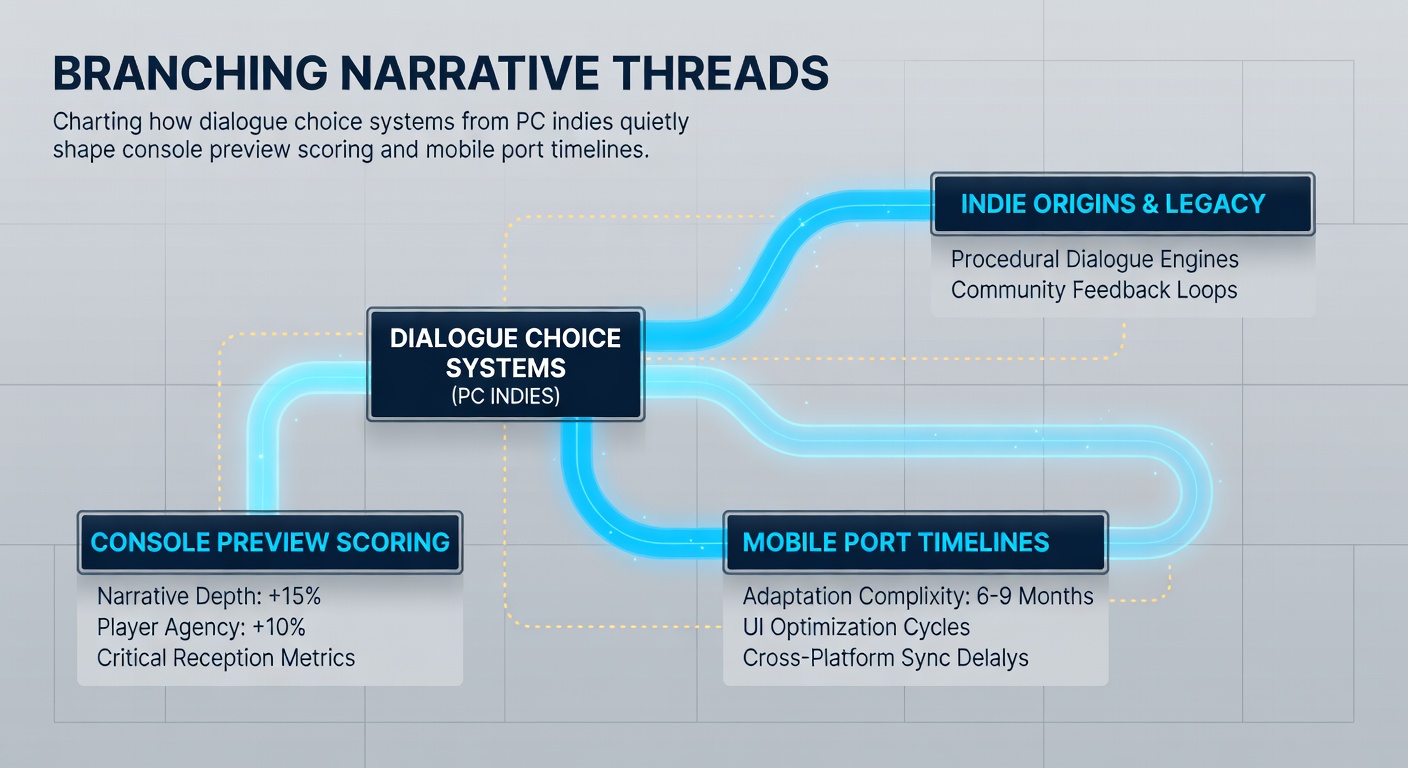 PC indie game interface showing dialogue choice tree with branching narrative paths on a desktop screen