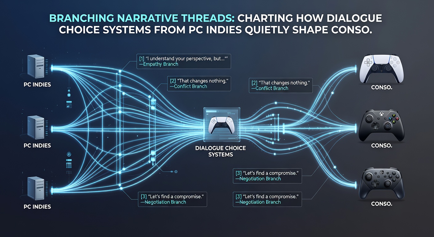 Console preview event setup with journalists testing dialogue branches on large displays and mobile port timeline charts visible in background