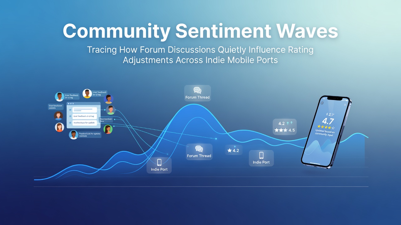 Forum threads and mobile game rating interfaces displayed side by side on screens, illustrating community discussion flows