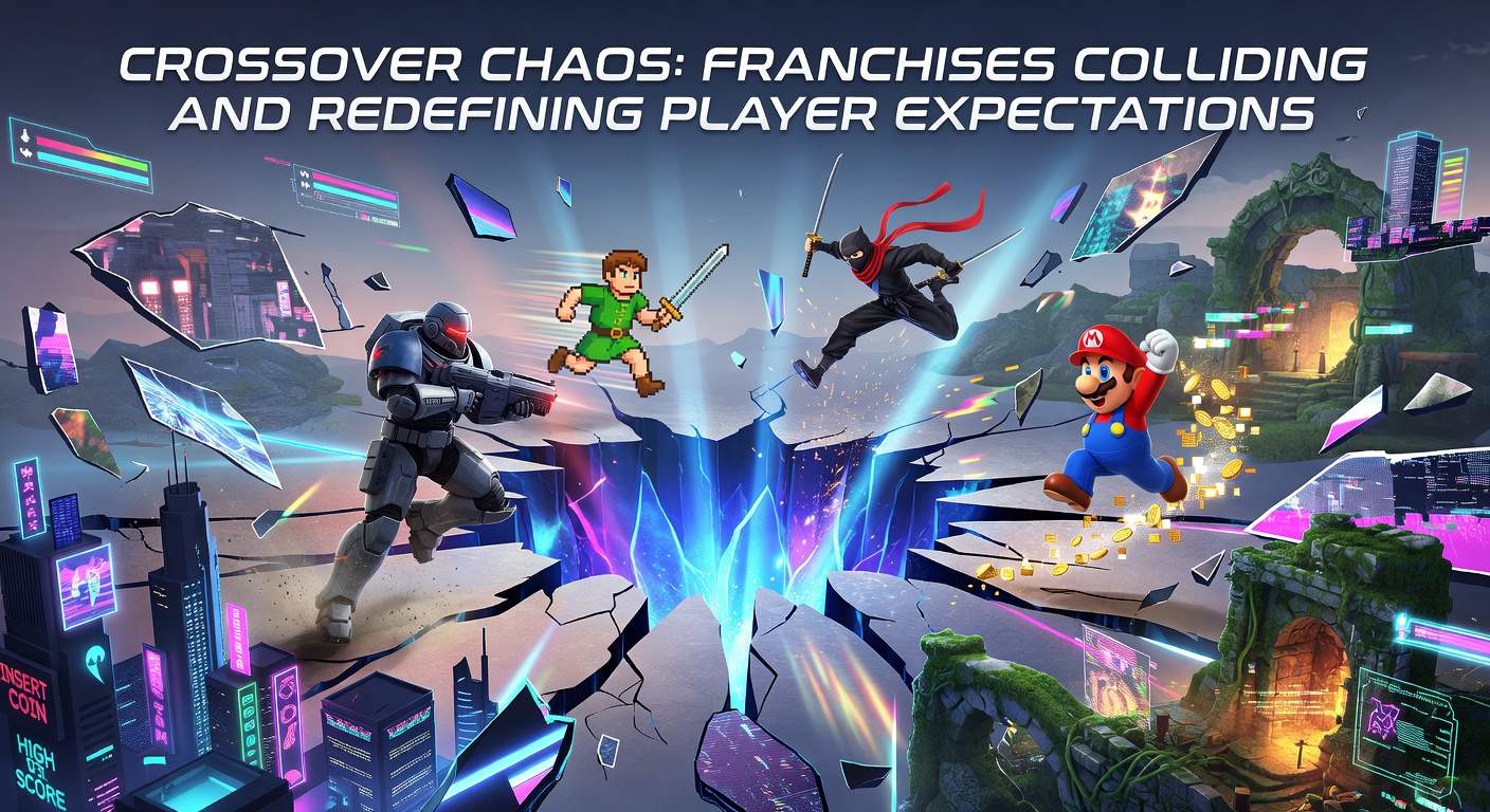 A massive ensemble of franchise heroes and villains converge on a shattered multiverse stage, lasers and fists colliding in epic disarray