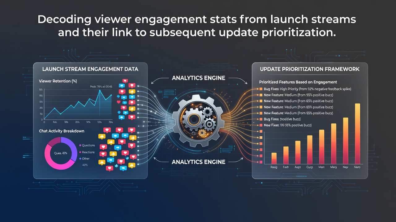 Stream analytics dashboard showing viewer engagement metrics during a game launch event