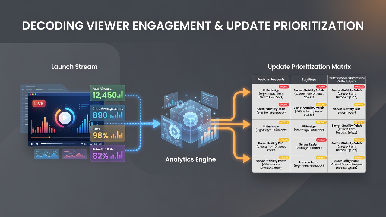 Development team reviewing stream replay data alongside patch planning documents