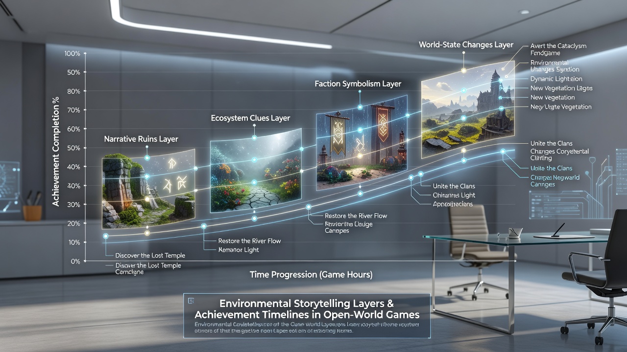 Player navigating an open-world landscape with detailed environmental narrative elements influencing exploration paths