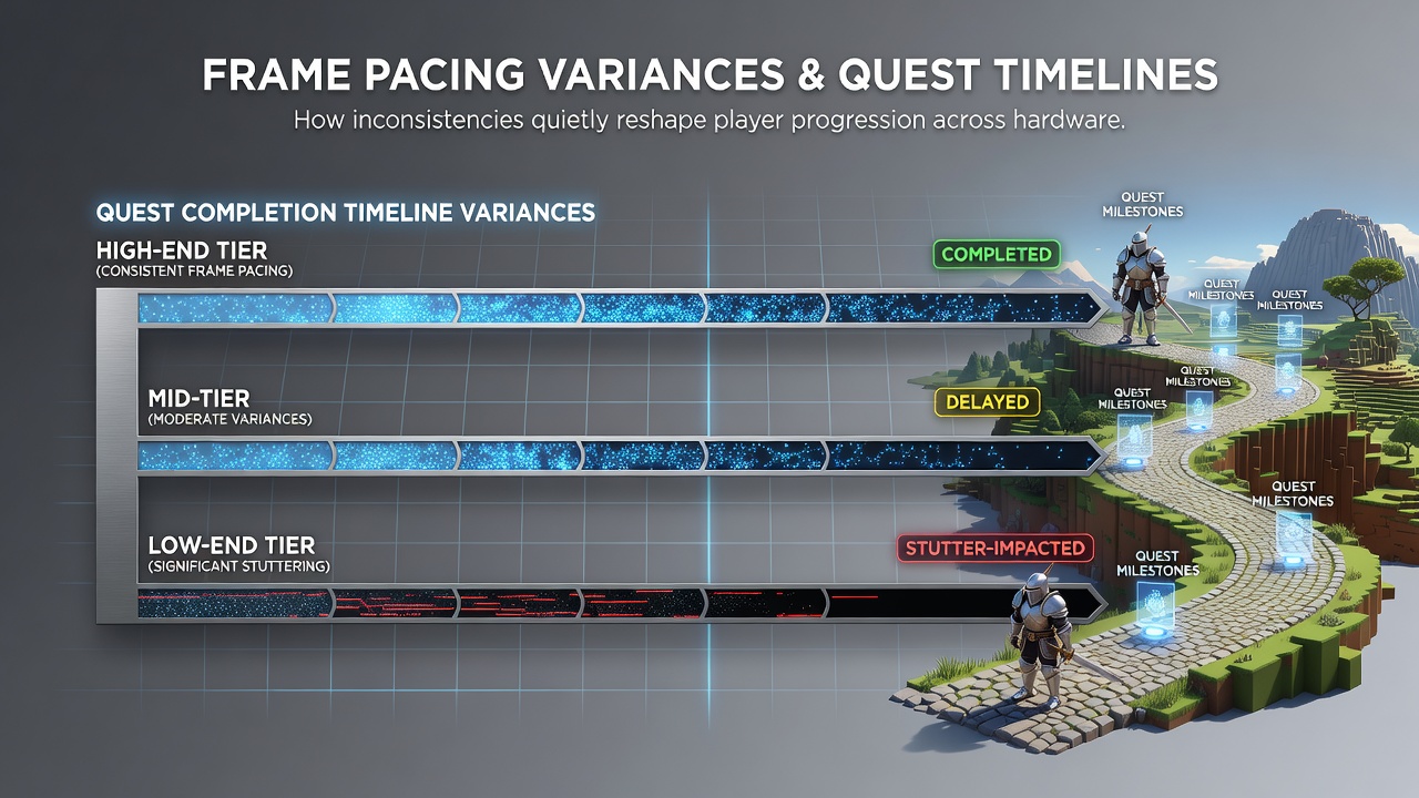 Telemetry graphs showing quest duration differences linked to frame pacing on different hardware platforms