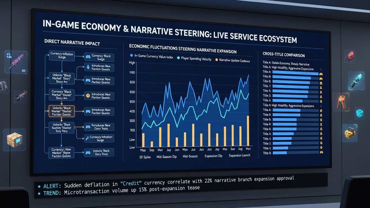 Developers reviewing live service economy dashboards alongside narrative planning boards