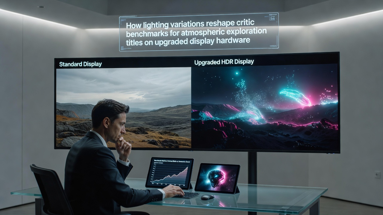 Atmospheric exploration game scene rendered on high-end HDR display with varying ambient lighting conditions