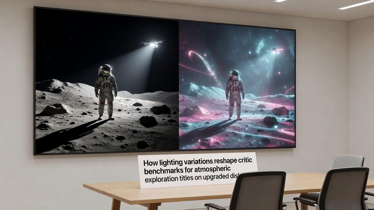 Side-by-side comparison of game lighting on standard versus upgraded display hardware under mixed room lighting