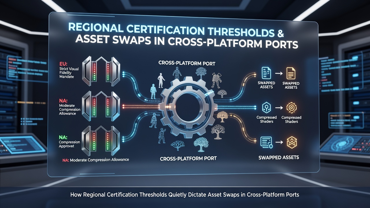 Developers reviewing regional certification documents while adjusting game assets for different platforms