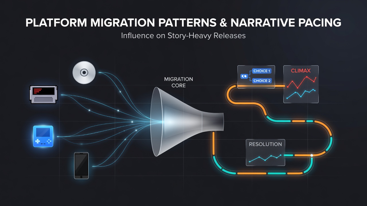 Visual representation of game platforms transitioning between PC, console, and mobile with narrative elements flowing across them