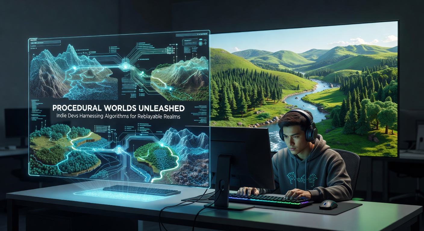 Indie developers collaborating on a laptop screen displaying vibrant, algorithmically generated landscapes in a game engine, highlighting the creative chaos of procedural worlds