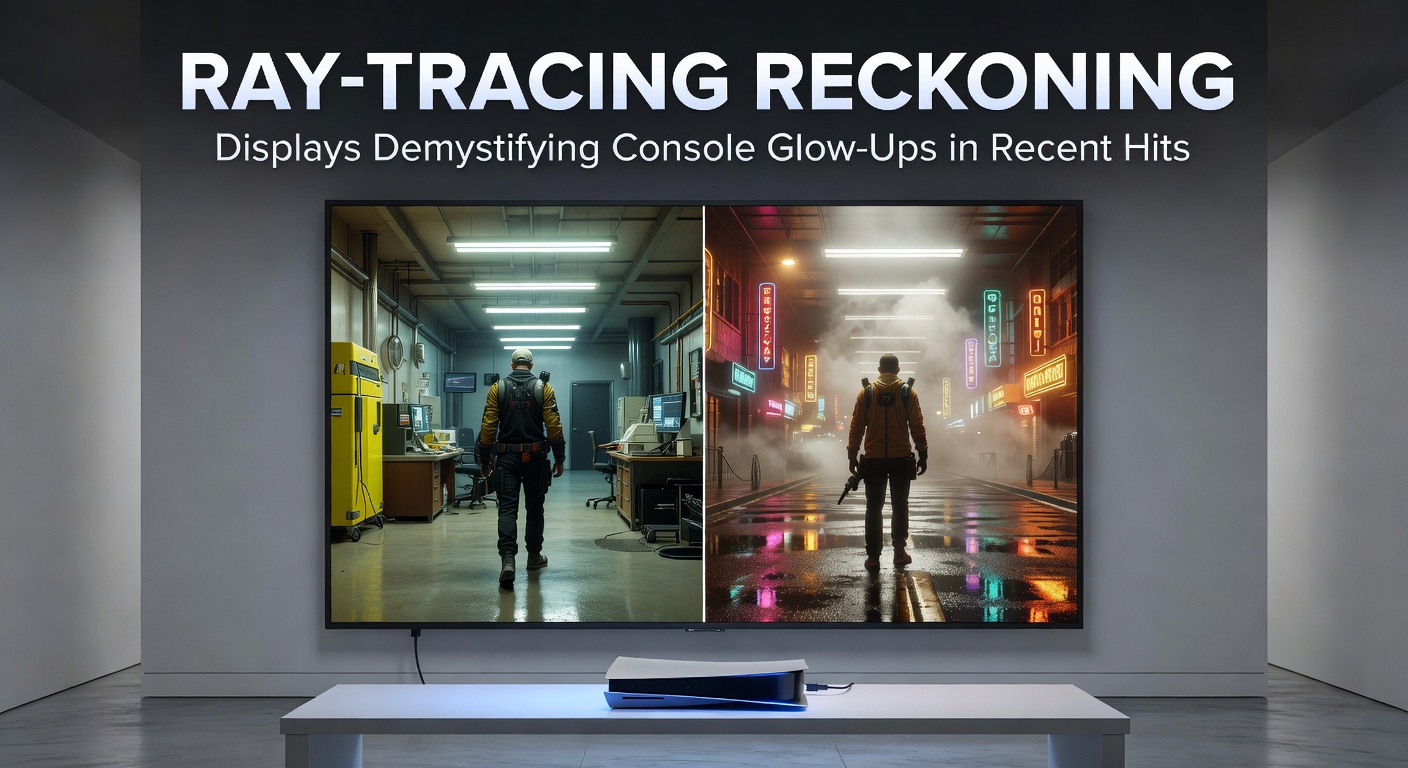 Console displaying a ray-traced scene from a recent blockbuster game, showcasing realistic light reflections and shadows on glossy surfaces