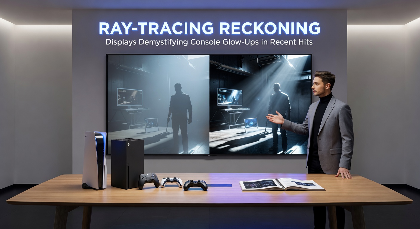 Side-by-side comparison of ray-traced versus non-ray-traced scenes on a high-end OLED display, highlighting improved reflections in water and metallic surfaces
