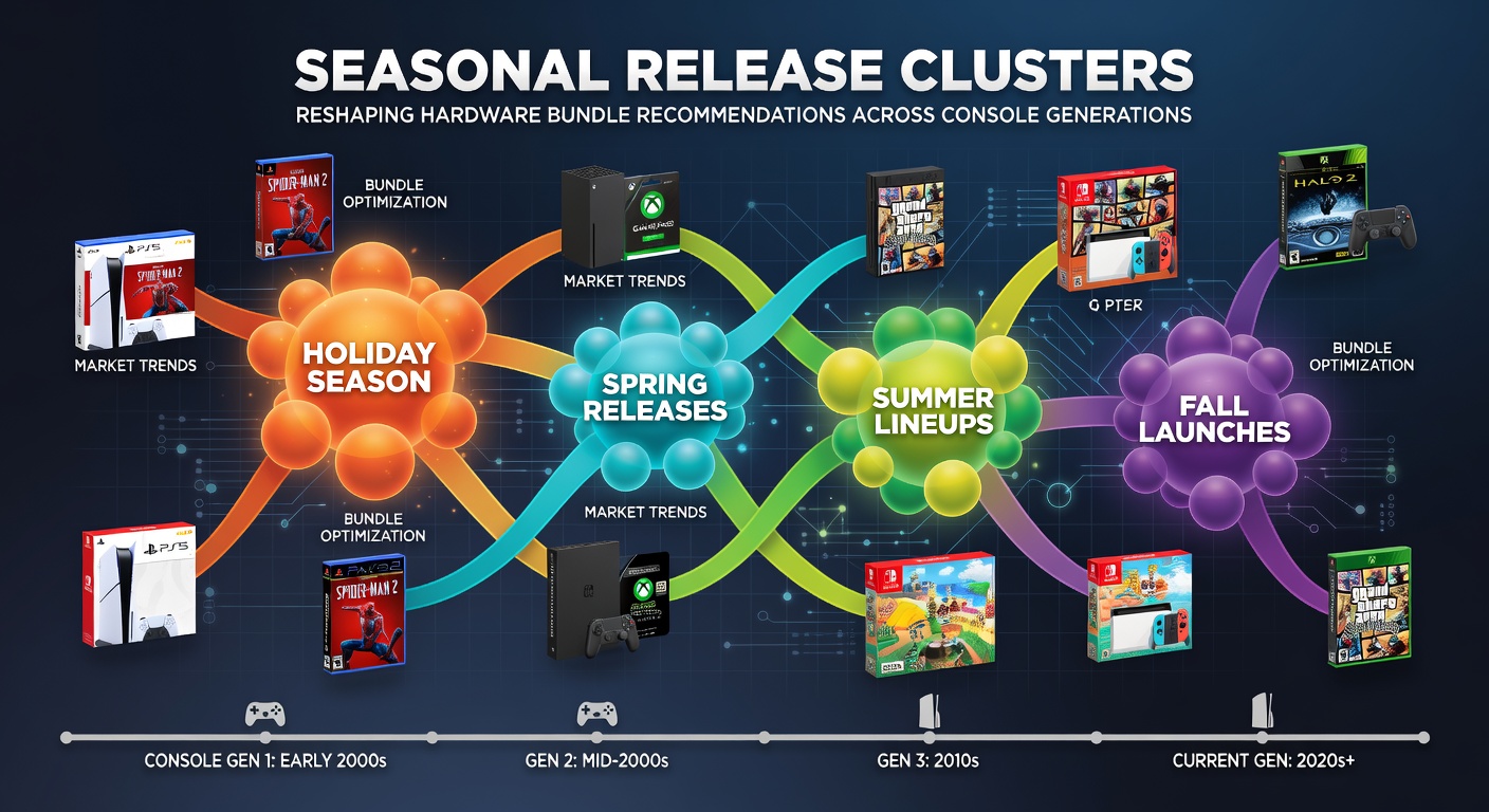 Console hardware bundles displayed alongside seasonal game release charts showing cluster patterns across multiple generations