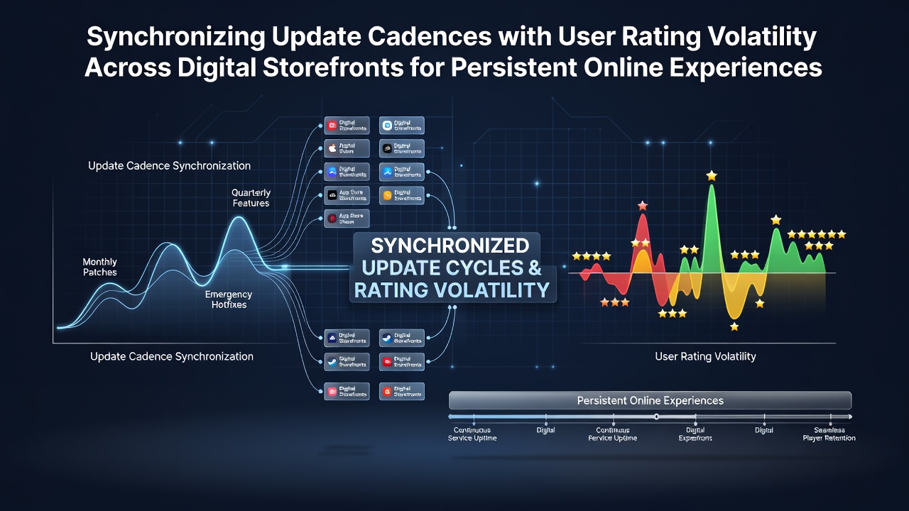 Dashboard showing user rating trends and update timelines across digital storefronts for live service games