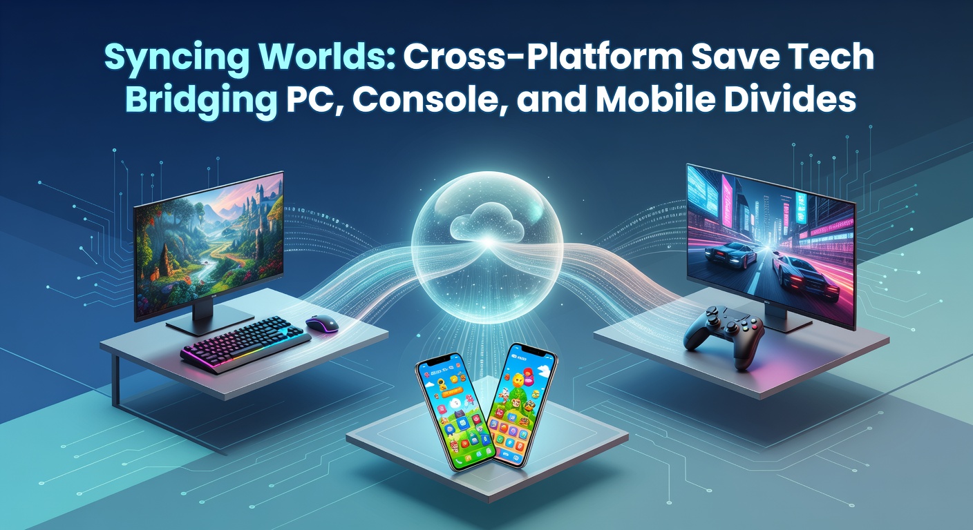 A player seamlessly switching from console to mobile gameplay, with save data syncing in real-time across glowing screens representing PC, PlayStation, Xbox, and smartphone interfaces