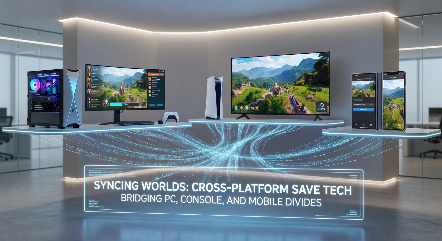 Cloud servers pulsing with data streams connecting icons of PC towers, console controllers, and mobile phones in a unified gaming ecosystem