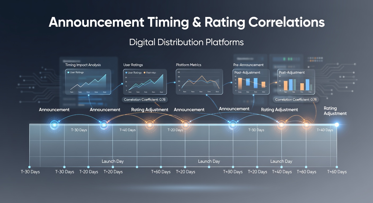 Digital distribution platform dashboard showing announcement timelines and rating trend graphs