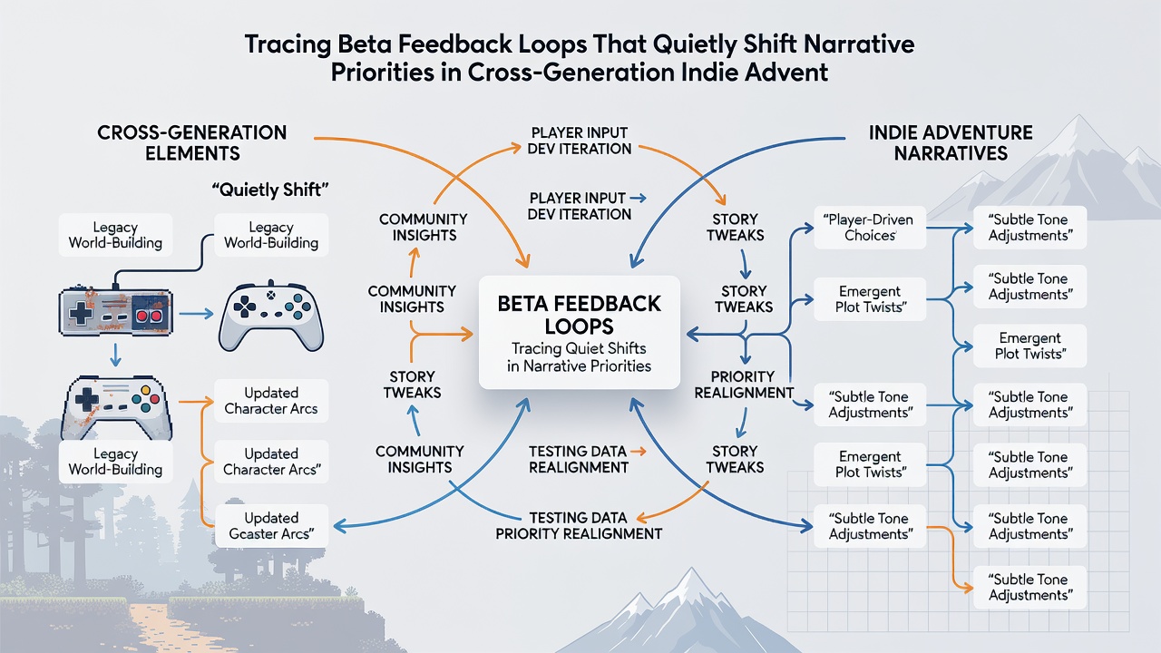 Cross-platform indie adventure game narrative flowchart with highlighted beta feedback annotations and revision markers