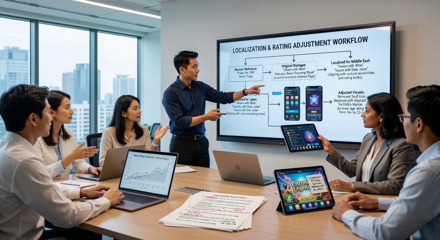 Localization specialists examining narrative scripts for cultural adjustments in a mobile game studio