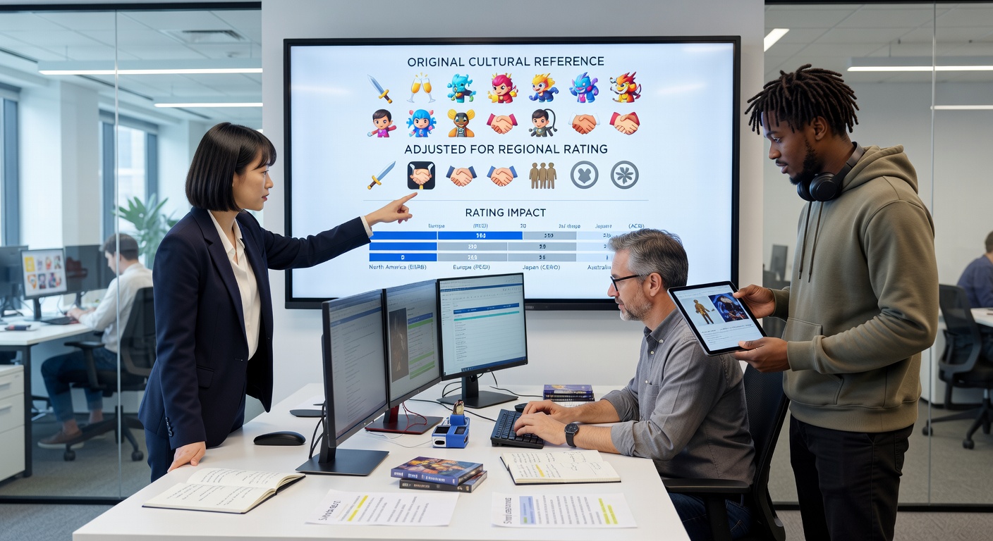 Team members discussing revised dialogue options during a localization review session for a story-focused mobile title