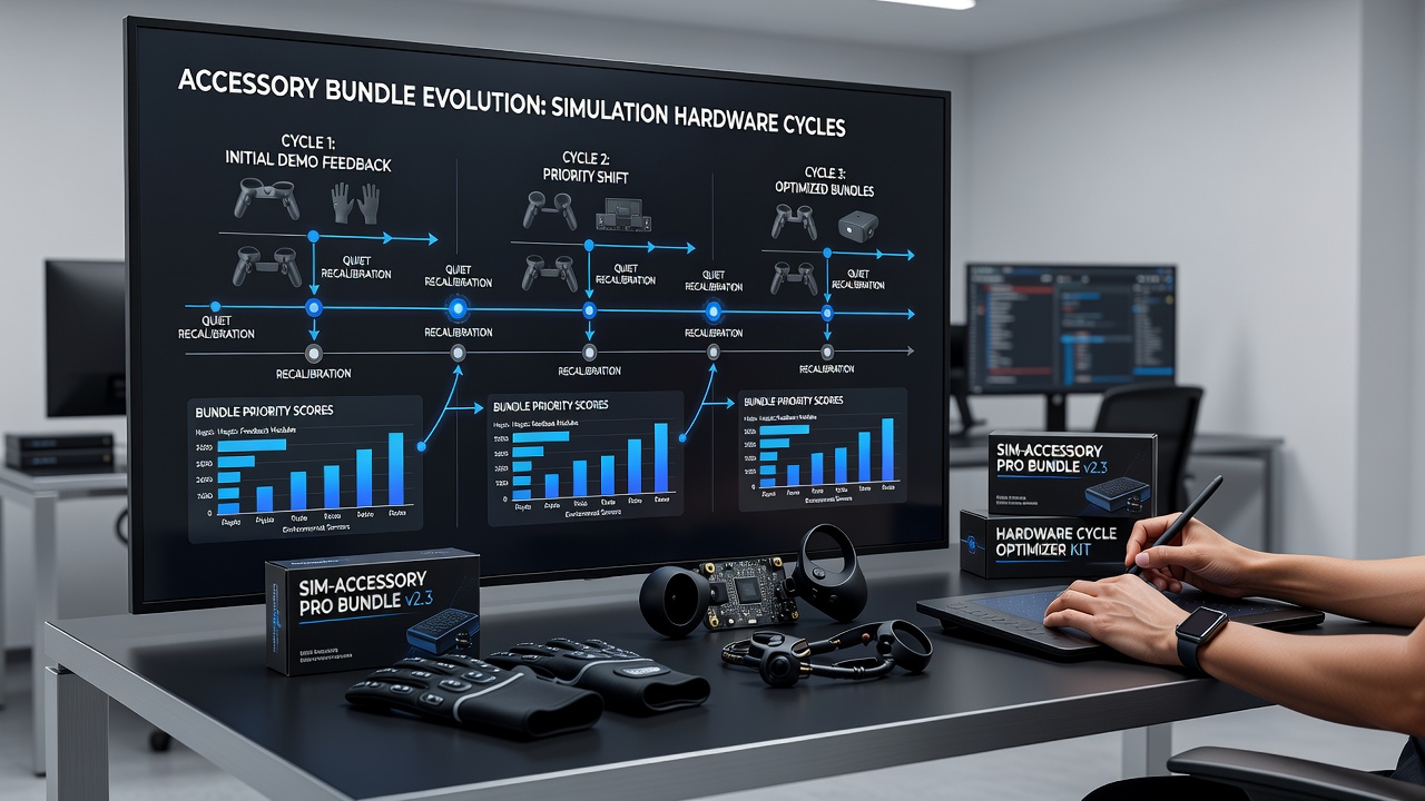 Console hardware bundles displayed alongside simulation game demo interfaces on a retail shelf